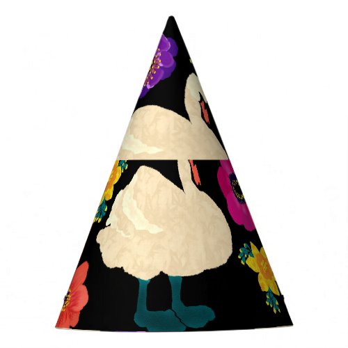 Swans flowers hand_drawn black background party hat