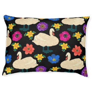 Swans, flowers, hand-drawn black background. pet bed