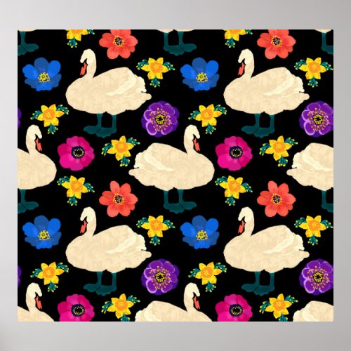 Swans flowers hand_drawn black background poster