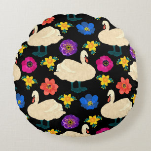 Swans, flowers, hand-drawn black background. round pillow