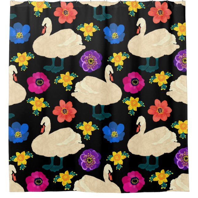 Swans, flowers, hand-drawn black background. shower curtain (Front)