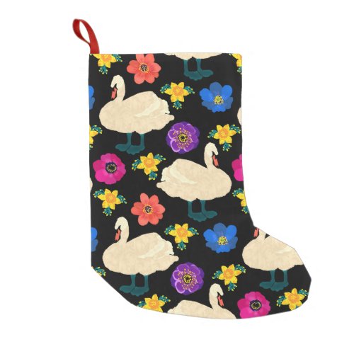 Swans flowers hand_drawn black background small christmas stocking