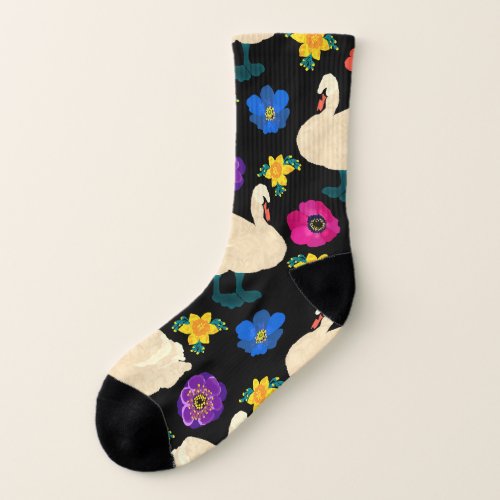 Swans flowers hand_drawn black background socks