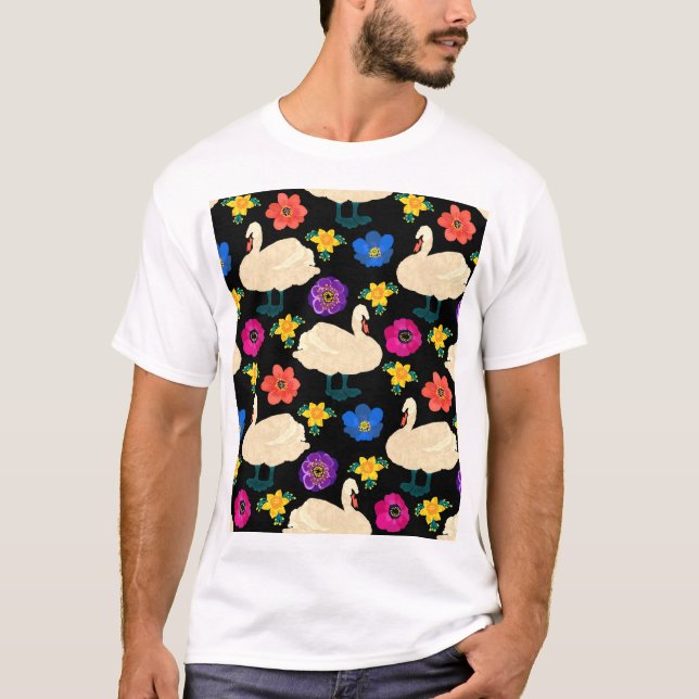 Swans, flowers, hand-drawn black background. T-Shirt (Front)