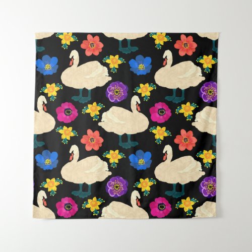 Swans flowers hand_drawn black background tapestry