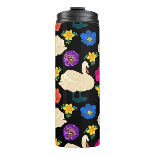 Swans flowers hand_drawn black background thermal tumbler