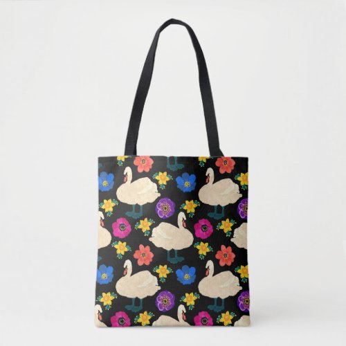 Swans flowers hand_drawn black background tote bag