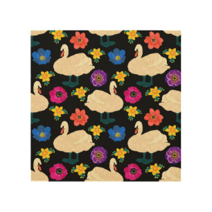 Swans, flowers, hand-drawn black background. wood wall art