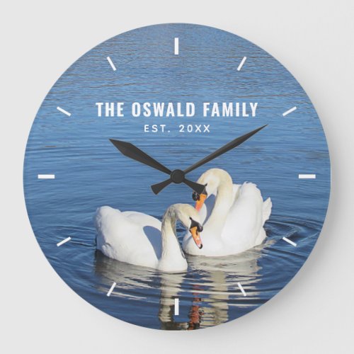 Swans in Blue Water Photograph Personalized Large Clock