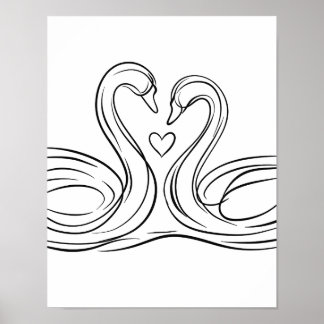 Swans in Love Line Art Poster Irish Wildlife