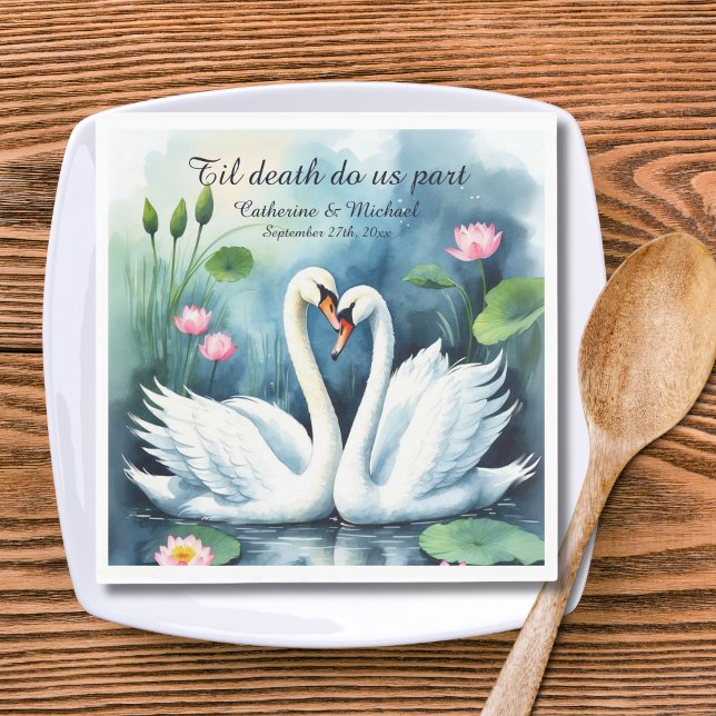 Swans In Love Watercolor Lotus Lake Wedding Napkins (Creator Uploaded)