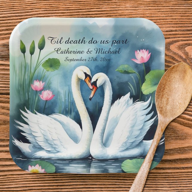 Swans In Love Watercolor Lotus Lake Wedding Paper Plates (Creator Uploaded)