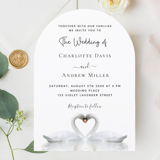 Swans in love white arch wedding  invitation (Creator Uploaded)