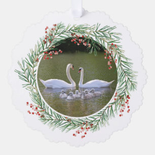 Swans in Pine & Holly Wreath Paper Ornament Card