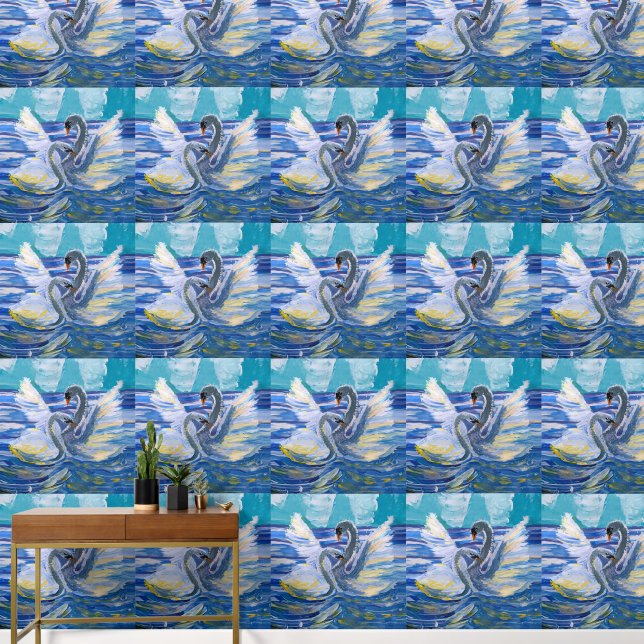 Swans in Sunrise Art by Kids Wallpaper (Hallway)