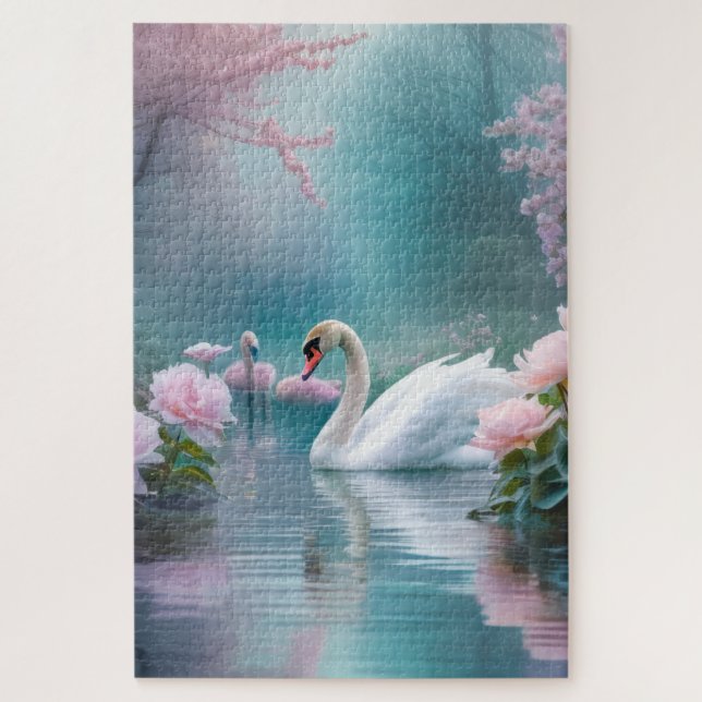 Swans in the garden pond jigsaw puzzle (Vertical)