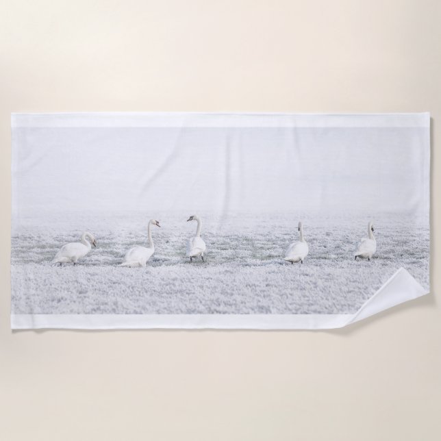 Swans in the winter snow elegant white gray beach towel (Front)