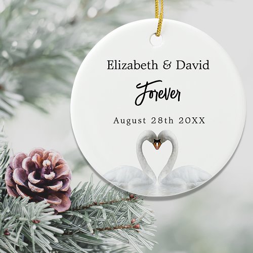 Swans love white names wedding ceramic ornament