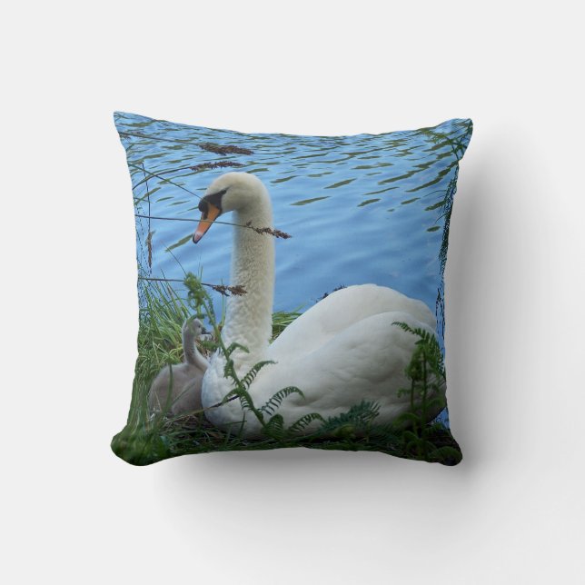 Swans Nest Mother Swan and Cygnet Baby Lake Throw Pillow (Front)
