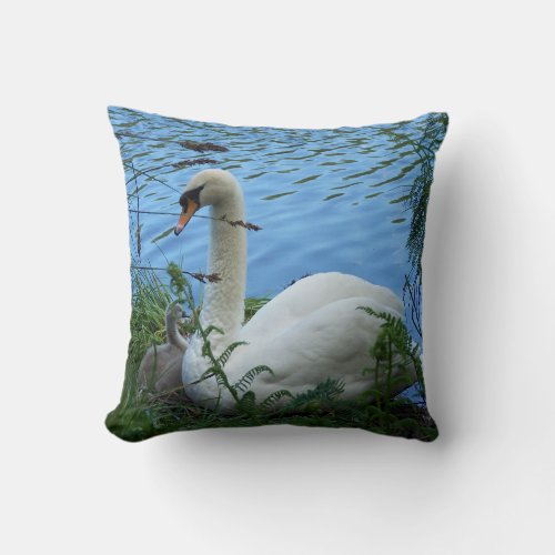 Swans Nest Mother Swan and Cygnet Throw Pillow