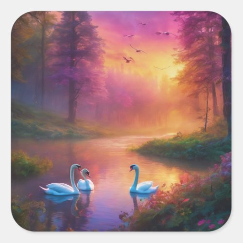 Swans on a lake sticker square sticker