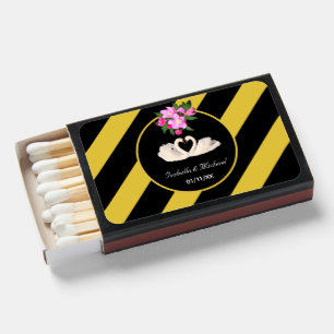 Swans on Black & Golden Striped Wedding Matchboxes