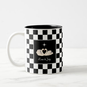 Swans on Black & White Chess Two-Tone Coffee Mug