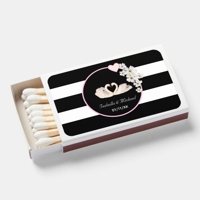 Swans on Black & White Striped Wedding Matchboxes (Front Open)