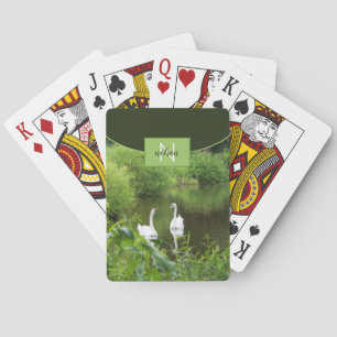 Swans on Lake Green Monogram Classic Playing Cards