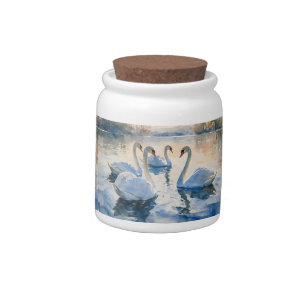 Swans on the Lake Watercolor Painting Candy Jar