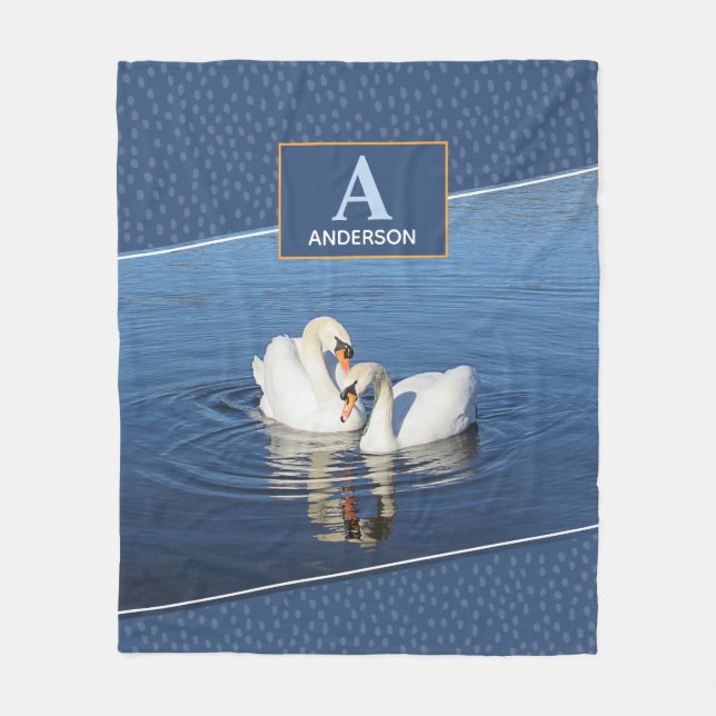 Swans Photograph Blue Monogram Fleece Blanket (Front)