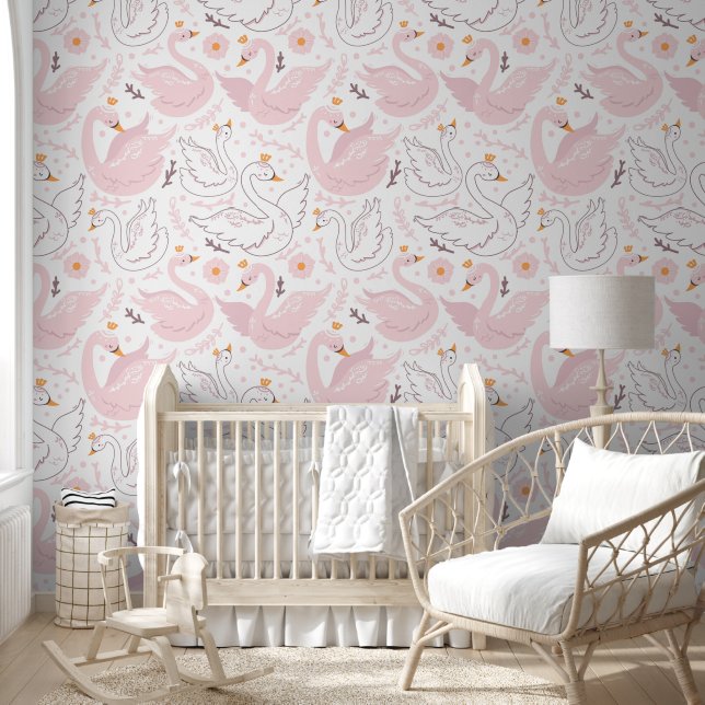 Swans Pink and White Wallpaper (Kids)
