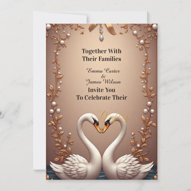 💐 Swans Rose Gold Wedding Decor 🌷 Invitation (Front)