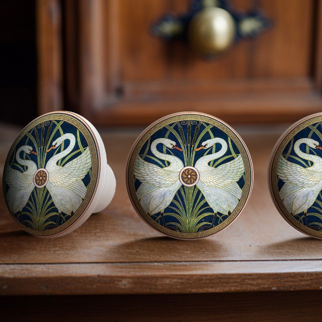 Swans Walter Crane Gold Blue Art Nouveau Ceramic Knob (Creator Uploaded)
