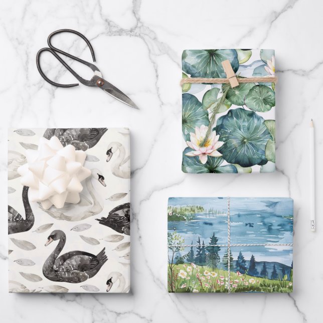 Swans Water Lilies Lake Bridal Shower Wrapping Paper Sheets (Front)