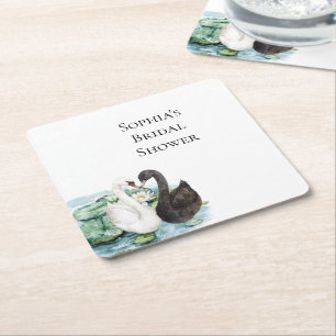 Swans Water Lilies Lake Romantic Bridal Shower Square Paper Coaster