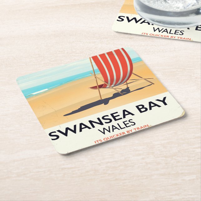 Swansea Bay Wales Seaside poster Square Paper Coaster (Angled)