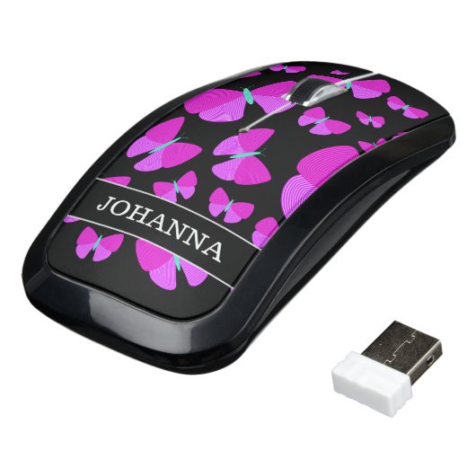 Swarm of Artistic Butterflies + Custom Name Wireless Mouse (Angled)