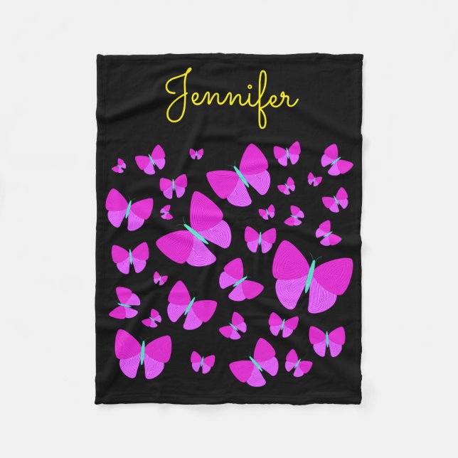 Swarm of Artistic Butterflies + Personalized Name Fleece Blanket (Front)