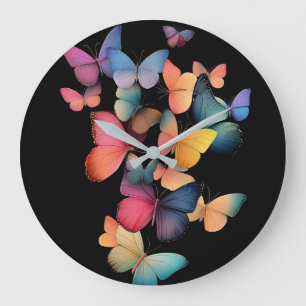 Swarm of Butterflies - Colorful Rainbow on Black Large Clock