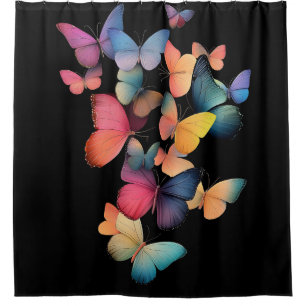 Swarm of Butterflies - Colorful Rainbow on Black Shower Curtain