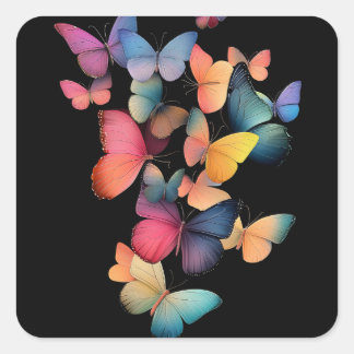 Swarm of Butterflies - Colorful Rainbow on Black Square Sticker