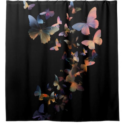 Swarm of Butterflies Rainbow on Black Background Shower Curtain