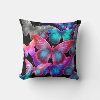 Swarm Of Colorful Butterflies On Black Background Throw Pillow