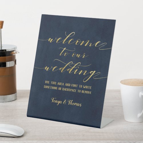 Swash Font Calligraphy Navy Gold Welcome Wedding Pedestal Sign