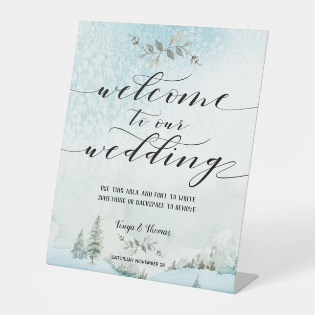 Swash Font Calligraphy Snowy Winter Scene Wedding Pedestal Sign (Front)