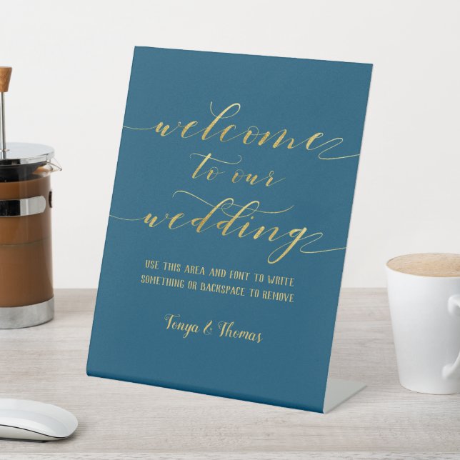 Swash Font Calligraphy Teal & Gold Welcome Wedding Pedestal Sign (In SItu)