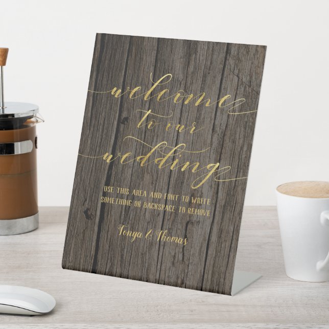 Swash Font Calligraphy Wood & Gold Welcome Wedding Pedestal Sign (In SItu)