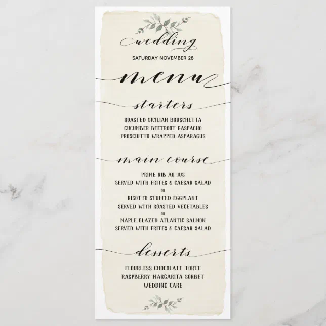 Swash Font Writing Calligraphy Rustic Wedding Menu | Zazzle
