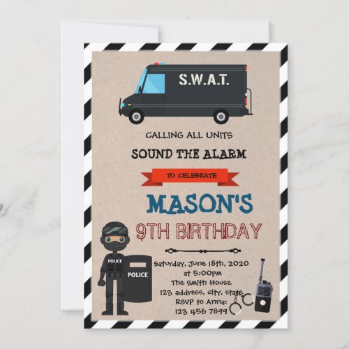 Swat police birthday theme party invitation